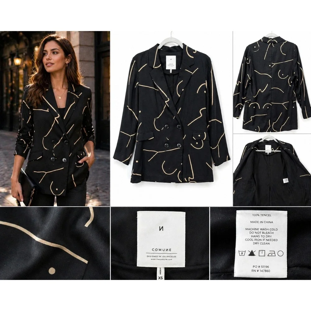 City Chic Abstract Blazer Lightweight Tencel Black Minimalist Art Jacket XS